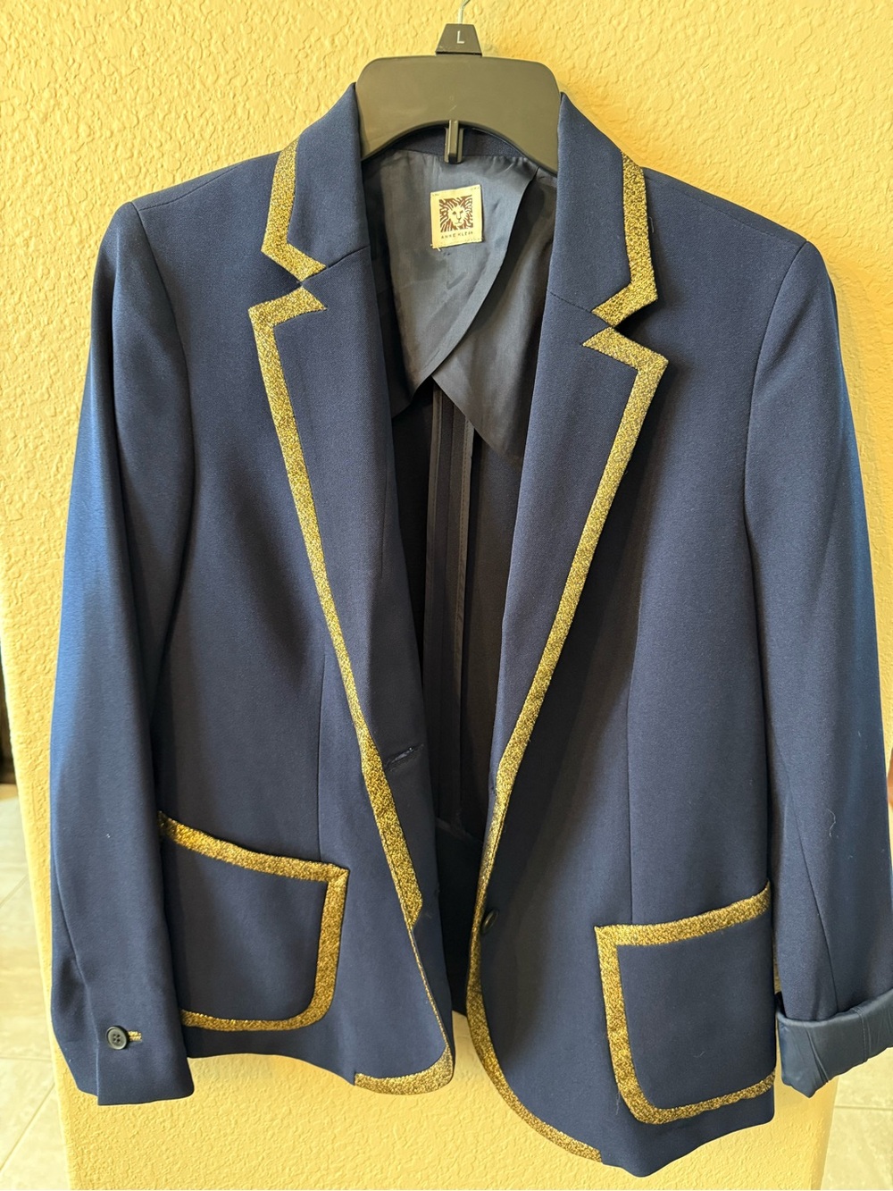 Military Glam Anne Klein Fitted Navy Blazer with Gold Lurex Trim